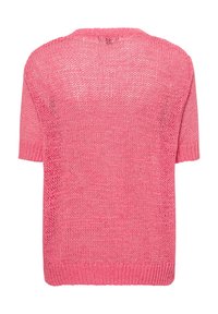 Rosa gestricktes Kurzarmoberteil mit lockerer Passform. Es hat ein strukturiertes offenes Gewebe, einen runden Ausschnitt und einen gerippten Saum. Rückansicht dargestellt.