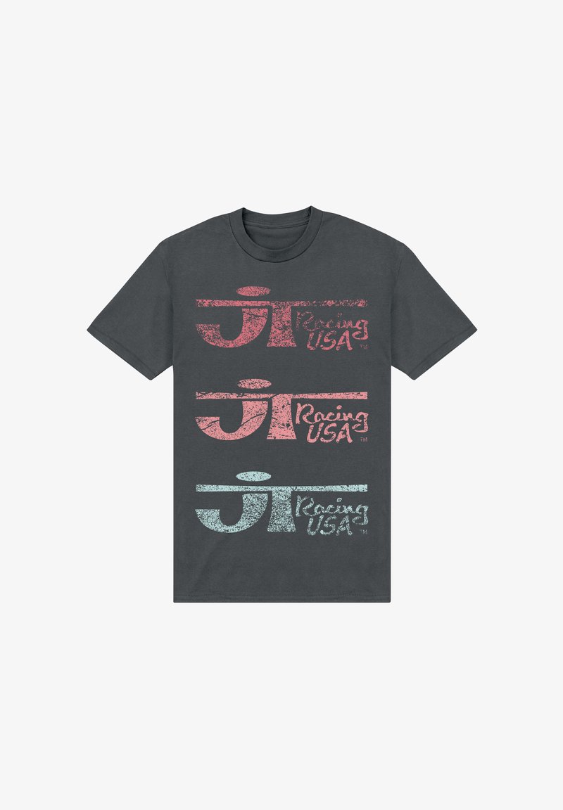 Šedé bavlněné tričko s třemi natištěnými vzory v opotřebované růžové a světle modré barvě s nápisem "Racing USA". Krátké rukávy a kulatý výstřih.