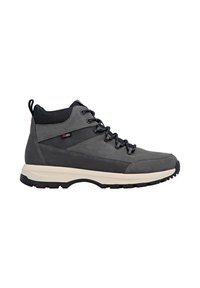 Gray mid-height hiking shoe with a textured upper, black mesh accents, and a cream-colored sole. Features reinforced toe and lace-up design.