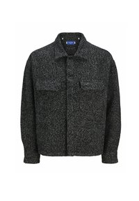 Veste texturée en mélange de laine noire et grise avec un devant boutonné, deux poches poitrine et un col évasé.