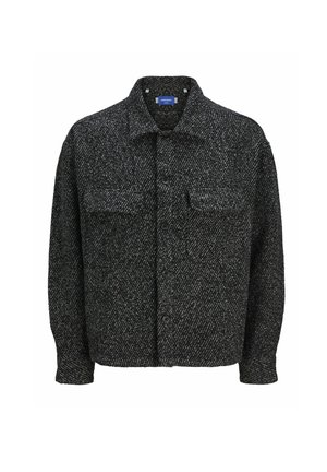 Veste texturée en mélange de laine noire et grise avec un devant boutonné, deux poches poitrine et un col évasé.