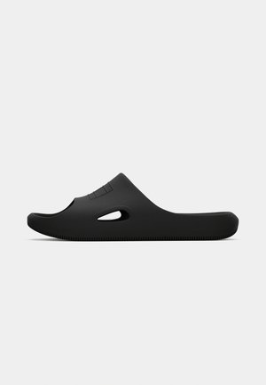 Sandale negre tip slip-on cu partea superioară închisă, având găuri de ventilație laterale și o talpă nervurată, pe un fundal alb simplu.