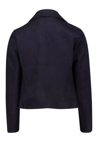 Veste bleu marine foncé à manches longues, couture droite dans le dos et large col, présentée de dos sur fond blanc.