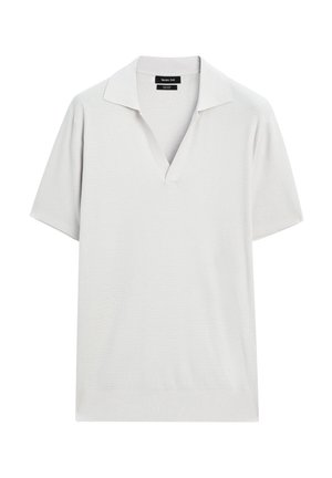Short-sleeve polo shirt in light gray textured knit. Features a V-neck and a classic collar. Hems are finished with a subtle ribbed detail.