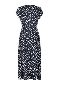 Robe midi bleu marine à pois blancs, manches courtes et ceinture en tissu assortie à la taille, vue de dos.