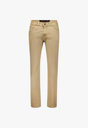 Pantalon en coton beige à coupe droite, doté de cinq poches, d'une fermeture par bouton et de détails de couture subtils le long des coutures.