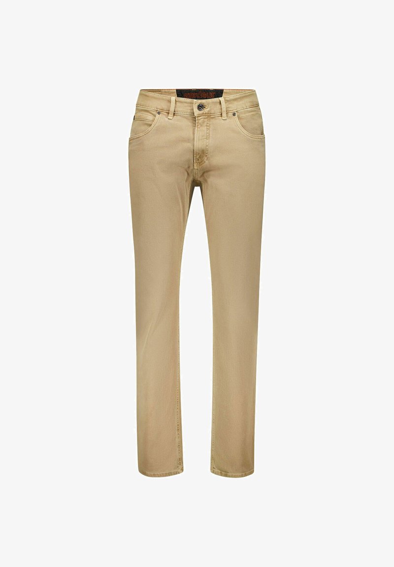 Beige katoenen broek met een rechte pasvorm, voorzien van vijf zakken, een knoopsluiting en subtiele stikseldetails langs de naden.