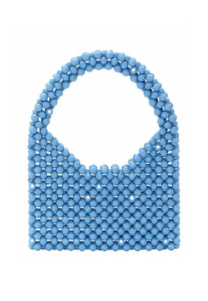Blaue Perlen-Handtasche mit einem runden Griff, der ein durchbrochenes Design und eine glatte Textur aufweist, ganz aus glänzenden Perlen gefertigt.