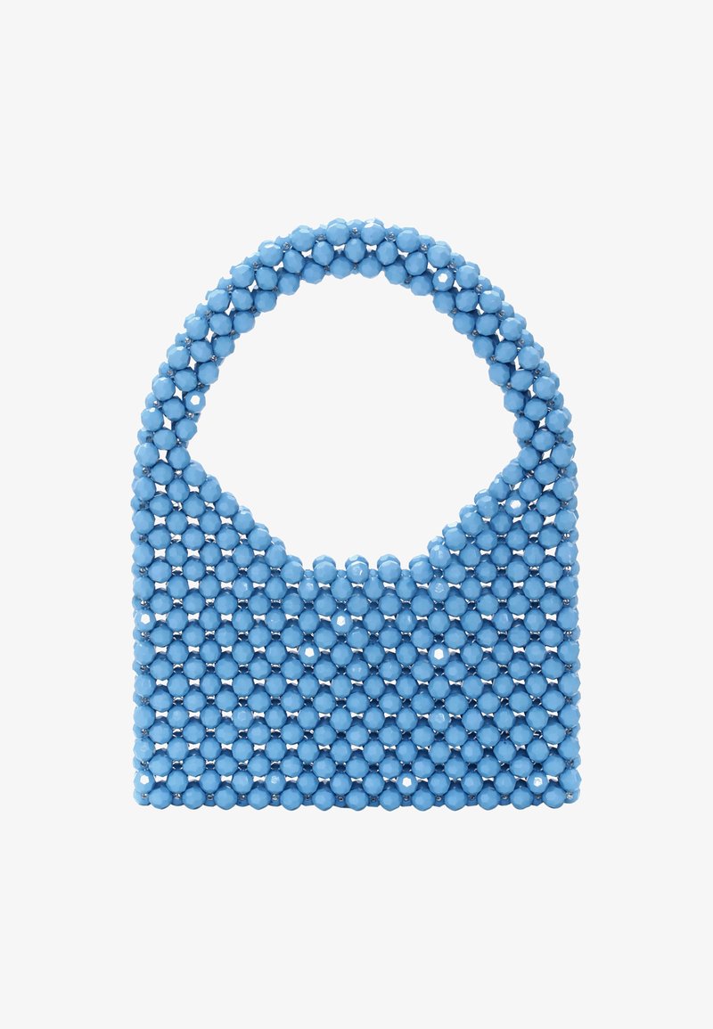 Sininen helminen käsilaukku pyöreällä hanteella, jossa on reikämuotoilu ja sileä pinta, valmistettu kokonaan kiiltävistä helmistä.