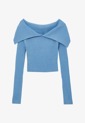 Ribbed knit sweater in light blue, featuring a wide off-the-shoulder collar and long sleeves, with a cropped fit and textured fabric.