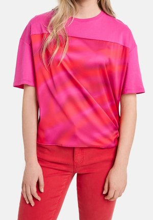 Short-sleeve top in vibrant pink and red gradient design, made of smooth fabric. Features a crew neckline and relaxed fit.