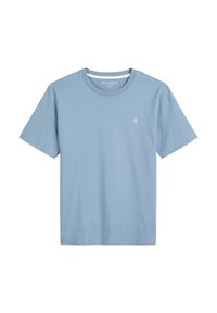 Light blue cotton t-shirt with a crew neck, short sleeves, and a small white logo on the chest. Smooth texture and casual fit.