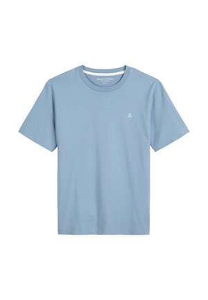 Light blue cotton t-shirt with a crew neck, short sleeves, and a small white logo on the chest. Smooth texture and casual fit.