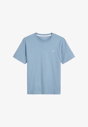 Light blue cotton t-shirt with a crew neck, short sleeves, and a small white logo on the chest. Smooth texture and casual fit.