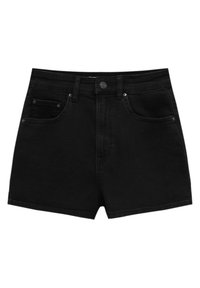 Černé džínové šortky s vysokým pasem, vybavené dvěma předními kapsami, zapínáním na jeden knoflík a standardními švy.