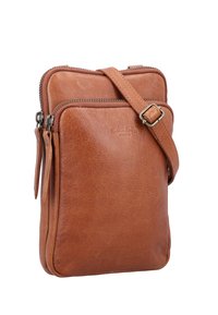 Tan leather crossbody bag with a zip closure, front and side pockets, adjustable strap, and subtle branding. Smooth texture and rectangular shape.
