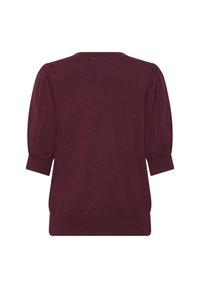 Burgundyröd stickad tröja med puffärmar, ribbad textur vid axlar och ärmslut, samt rak fåll. Enkel rund halsringning.
