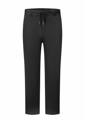 Pantaloni neri a gamba dritta con vita con coulisse e passanti per cintura, mostrati distesi su sfondo bianco.