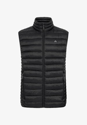 Svart isolert vest med høy krage, horisontalt kviltet mønster, frontglidelås og sidelommer. Lettvektig stoff med en jevn tekstur.