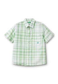 Camicia a maniche corte a quadri bianca e verde, con colletto a punta, taschino sul lato sinistro del petto e tessuto testurizzato.