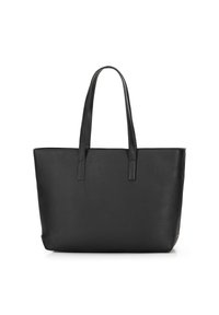 Black leather tote bag with two long handles, rectangular shape, and simple, smooth design on white background.