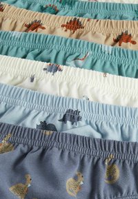 Farverigt børneundertøj med dinosaur-motiver i flere mønstre. Materialerne ser bløde ud med elastiske taljer i varierende pastelfarver.