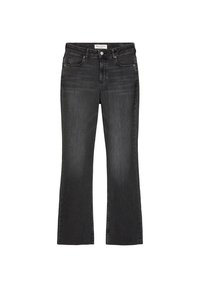 Jean flare en denim gris foncé avec une fermeture à bouton et à fermeture éclair, cinq poches et des coutures contrastées le long des coutures.
