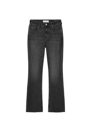 Jeans flare in denim grigio scuro con chiusura a bottone e cerniera, cinque tasche e cuciture a contrasto lungo le cuciture.