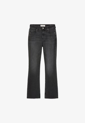 Donkergrijze denim broek met een flared snit, voorzien van een knoop- en ritsluiting, vijf zakken en contrasterende stiksels langs de naden.