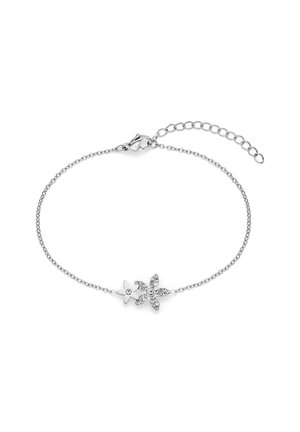 Zarter Silberarmband mit zwei kleinen Blumenanhängern, einem schlichten und einem mit klaren Kristallen verzierten, sowie einem verstellbaren Verschluss.