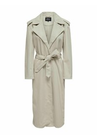 Lichtbeige trenchcoat met een brede revers, lange mouwen, een ceintuur in de taille en zijzakken. Gemaakt van een gladde stof met een recht gesneden ontwerp.