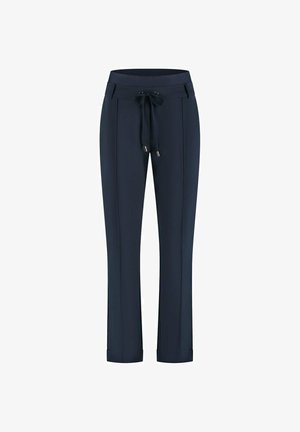 Marineblauwe rechte broekspijpen met omslagen, voorplooien, riemlussen en een taille met trekkoord.