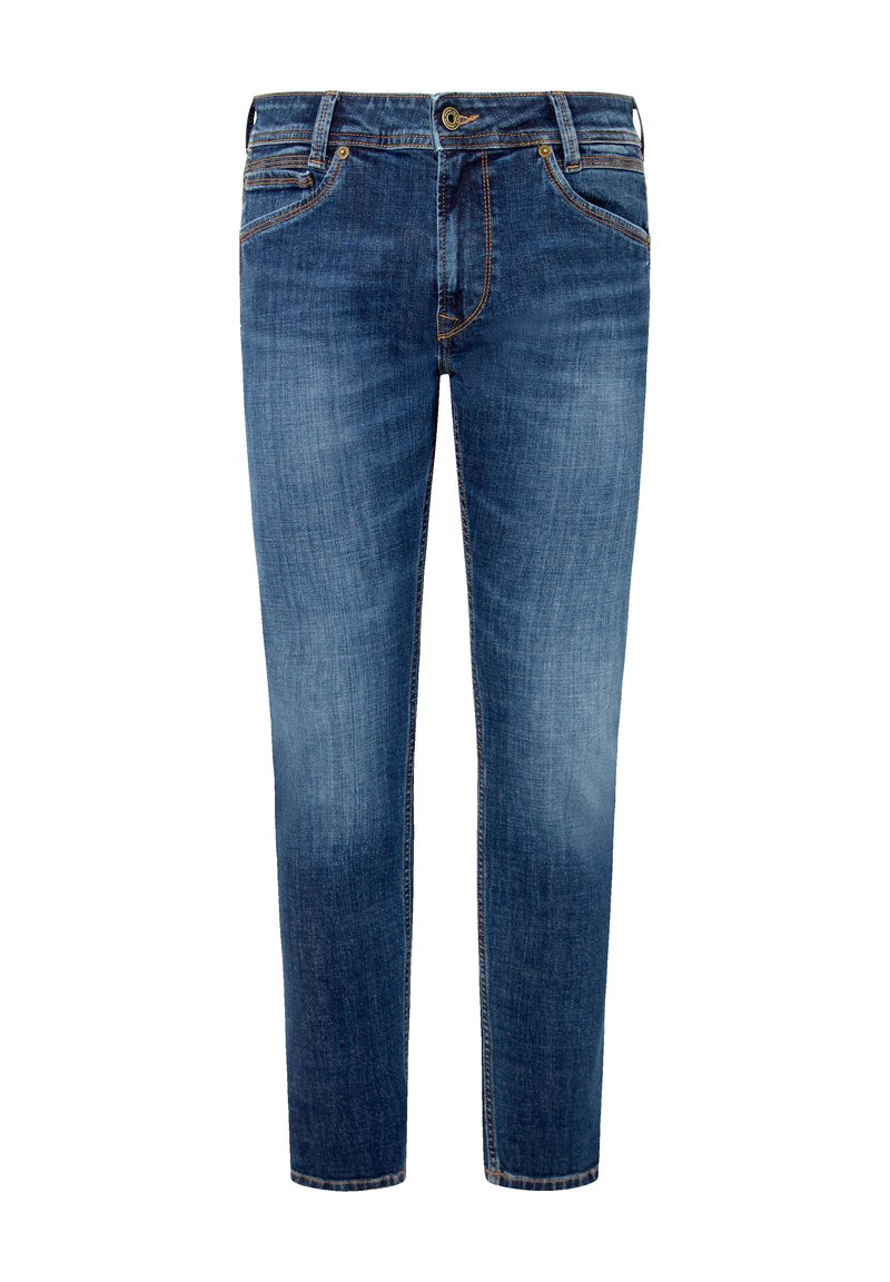 Blaue Denim-Jeans mit geradem Bein, fünf Taschen, Reißverschluss und kontrastierenden Nähte.