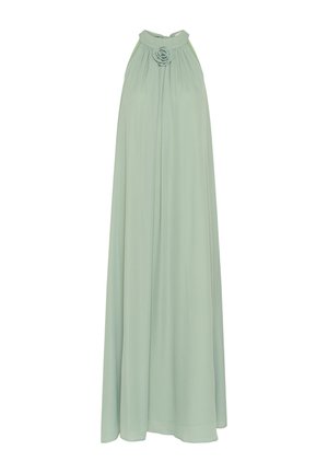 Heleroheline varrukateta maksikleit, kaelus kinni seotud ja kaela lähedal kangasroosi detail, voolav A-lõikega siluett.