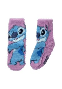 Chlupaté ponožky s fialovým základem, zdobené modrým motivem tvora. Měkká textura s výraznými detaily obličeje a těla.