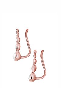 Pendientes de oro rosa con diseño de gancho curvado, tres pequeños detalles redondos y una piedra rectangular más grande en la base.