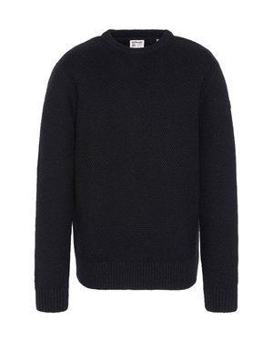 Gestrickter schwarzer Pullover mit klassischem Rundhalsausschnitt, strukturiertem Stoff sowie gerippten Bündchen und Saum. Etikett am Halsausschnitt sichtbar.