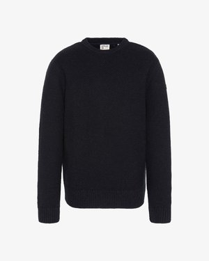 Gestrickter schwarzer Pullover mit klassischem Rundhalsausschnitt, strukturiertem Stoff sowie gerippten Bündchen und Saum. Etikett am Halsausschnitt sichtbar.