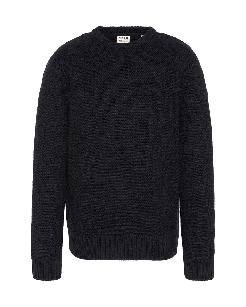 Gestrickter schwarzer Pullover mit klassischem Rundhalsausschnitt, strukturiertem Stoff sowie gerippten Bündchen und Saum. Etikett am Halsausschnitt sichtbar.