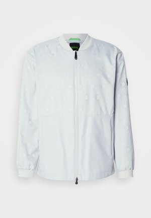White bomber jacket with a hexagonal pattern, zip closure, ribbed cuffs, and collar. Made from smooth, lightweight fabric.