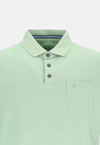 Hellgrünes Poloshirt aus strukturiertem Stoff, mit drei Knöpfen und einer Brusttasche, die ein kleines Logo zeigt. Kontraststreifen innen am Kragen.