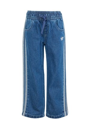 Pantaloni jogger in denim blu medio, con vita elasticizzata e coulisse. Dotati di tasche laterali e strisce verticali bianche lungo le gambe.