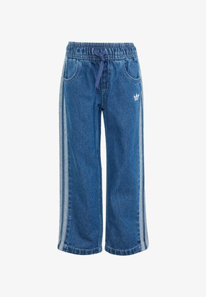 Pantaloni jogger in denim blu medio, con vita elasticizzata e coulisse. Dotati di tasche laterali e strisce verticali bianche lungo le gambe.