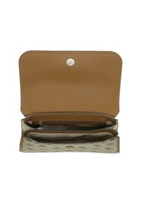 Portafoglio in pelle con un esterno a motivo beige chiaro, interno marrone e chiusura a bottone. Presenta più scomparti e una sezione con cerniera.