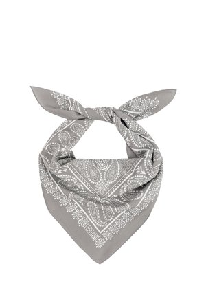Szara bandana z białymi wzorami paisley, związana na supeł, zaprojektowana do noszenia na szyi lub na głowie.
