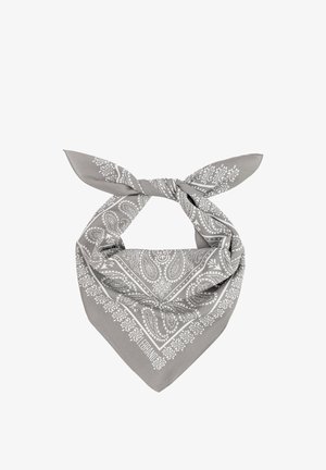 Szara bandana z białymi wzorami paisley, związana na supeł, zaprojektowana do noszenia na szyi lub na głowie.