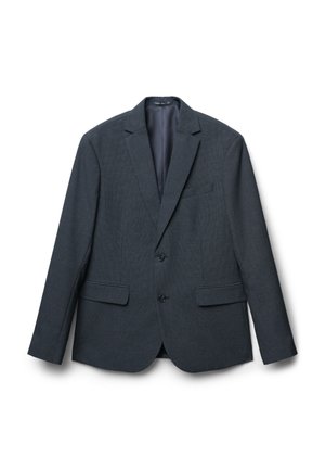 Dunkelgrauer Blazer aus strukturiertem Stoff, mit Spitzenrevers, zwei Knöpfen und zwei vorderen Taschen. Glatte Innenausstattung.