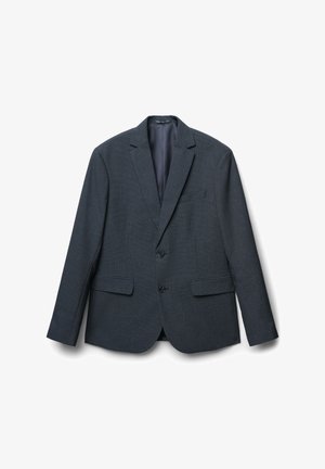 Dunkelgrauer Blazer aus strukturiertem Stoff, mit Spitzenrevers, zwei Knöpfen und zwei vorderen Taschen. Glatte Innenausstattung.