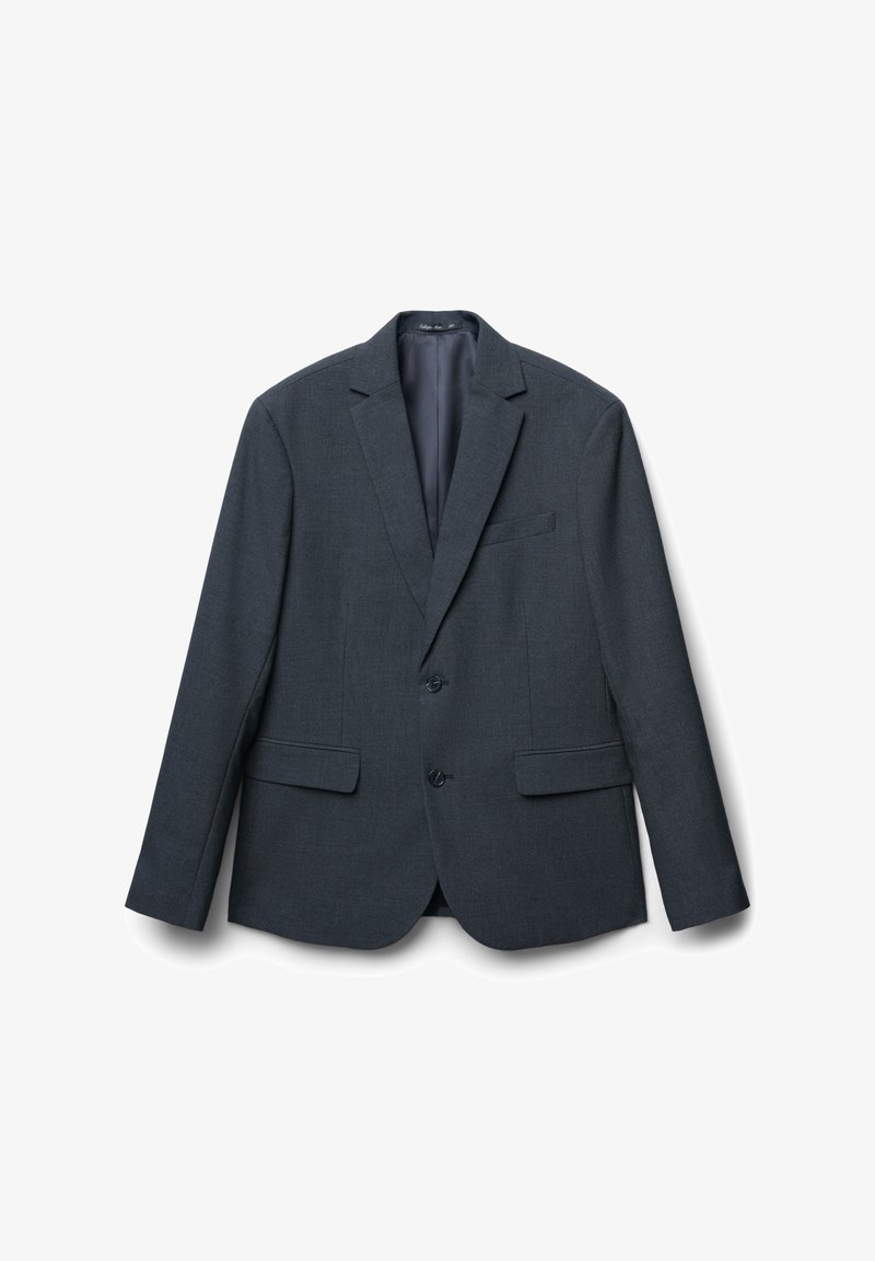 Blazer gris foncé en tissu texturé, avec revers coincé, deux boutons et deux poches avant. Doublure intérieure lisse.