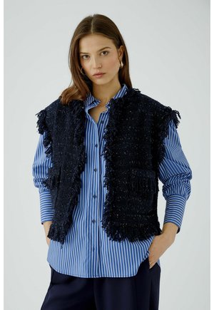Jonge vrouw met lang bruin haar, gouden creolen, een blauw-wit gestreept overhemd en een zwart gestructureerd mouwloos vest.